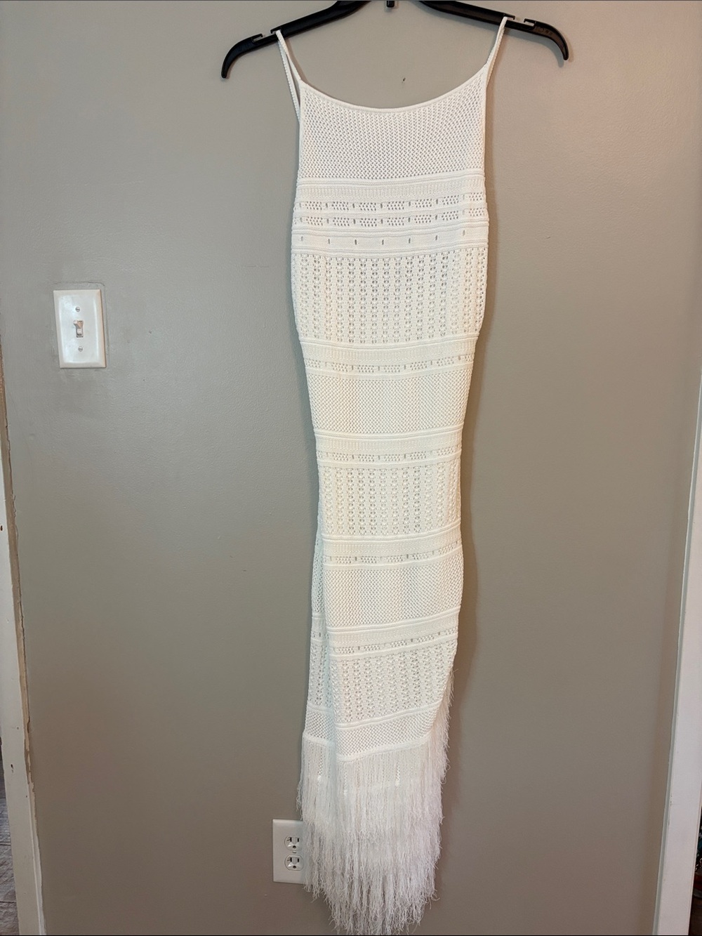 Torn by Ronny Kobo White Crochet Fringe Maxi Dress